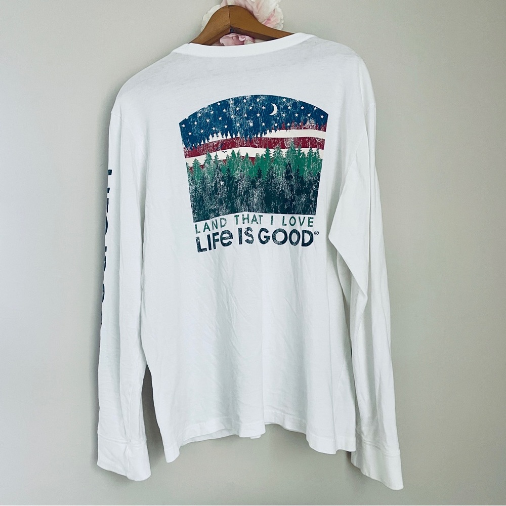 Life Is Good White Crusher Tee Land That I Love  American Flag USA Trees Nature